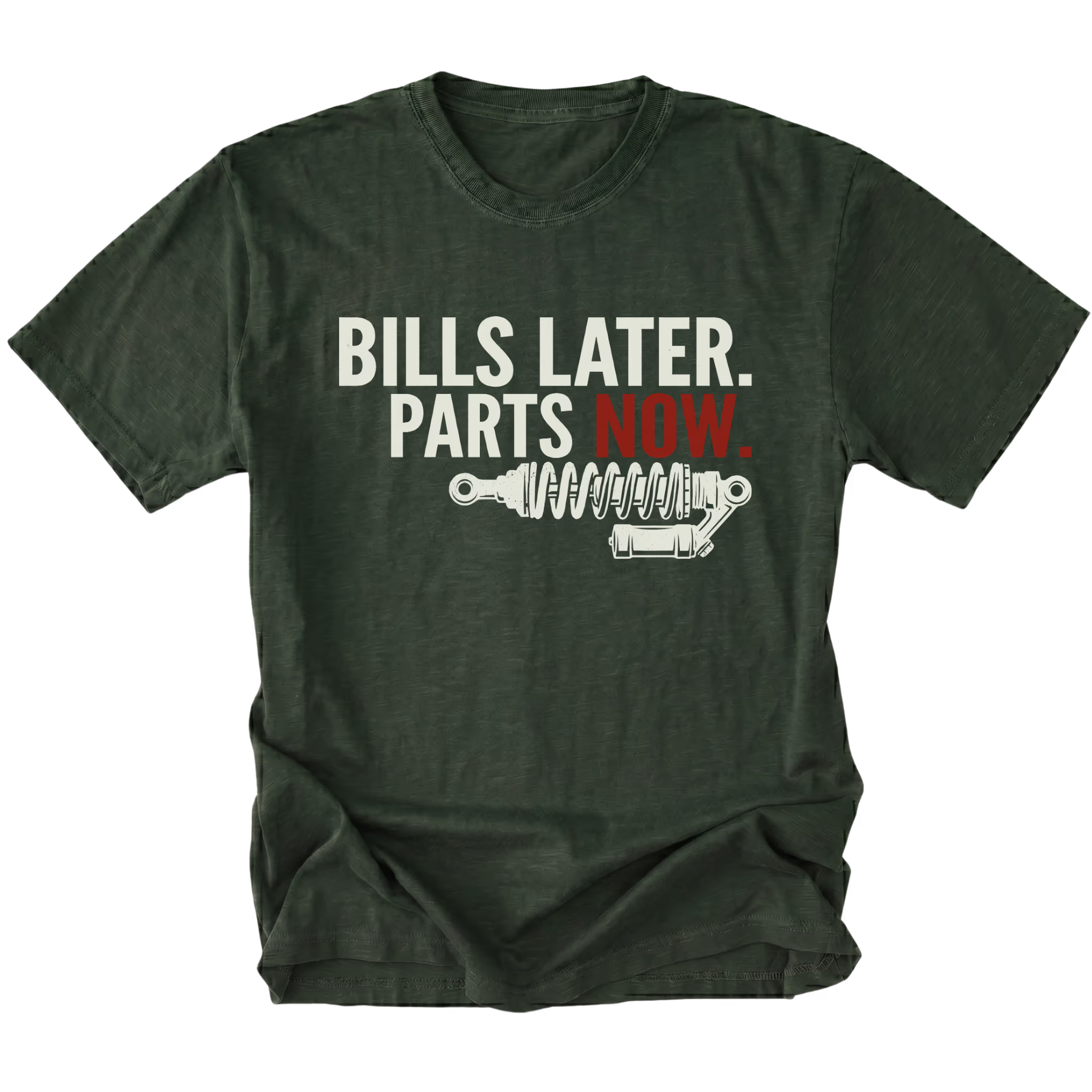 Moss t-shirt featuring Bills Later Parts Now design with suspension coilover graphic on front view by Trail Snark.