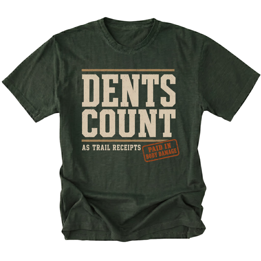 Moss T-shirt featuring the Dents Count As Trail Receipts design on the front by Trail Snark.