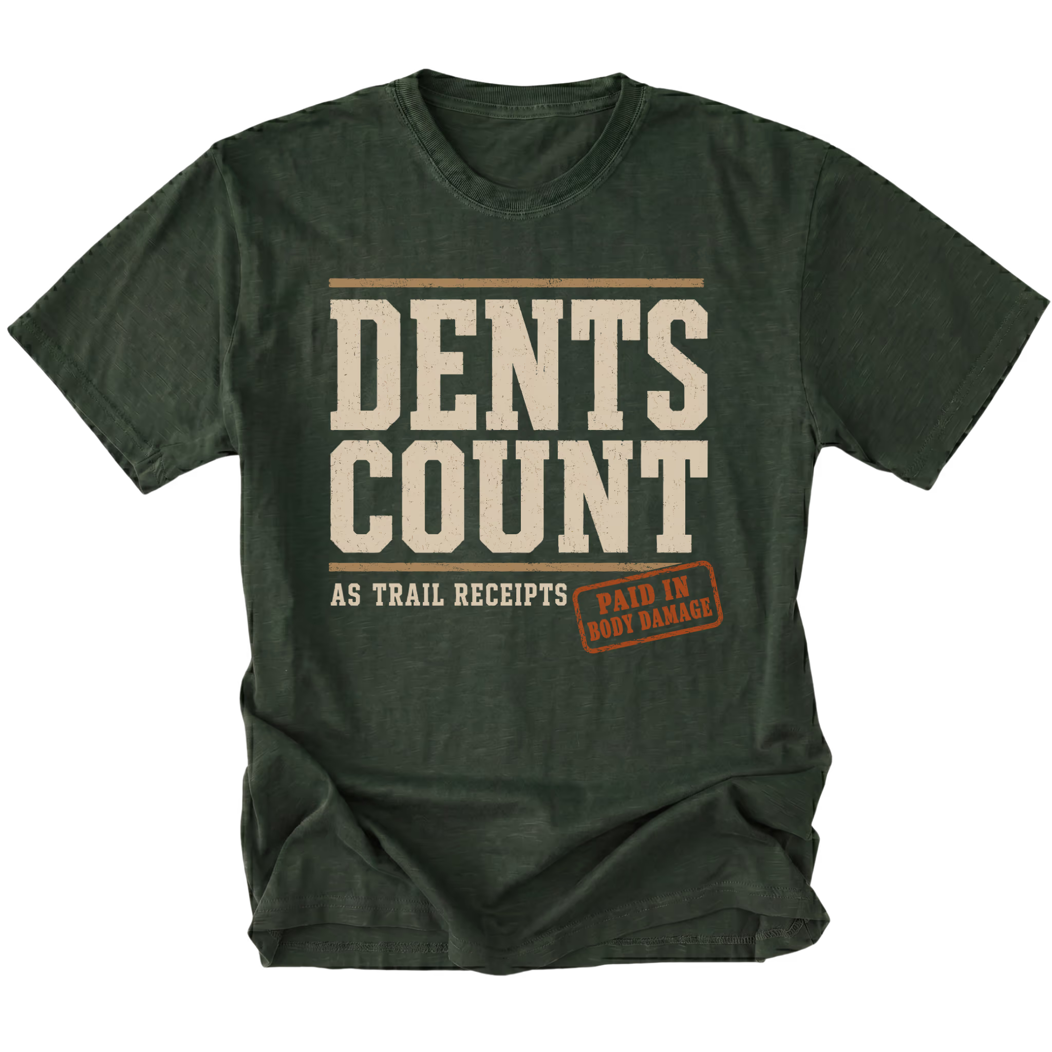 Moss T-shirt featuring the Dents Count As Trail Receipts design on the front by Trail Snark.
