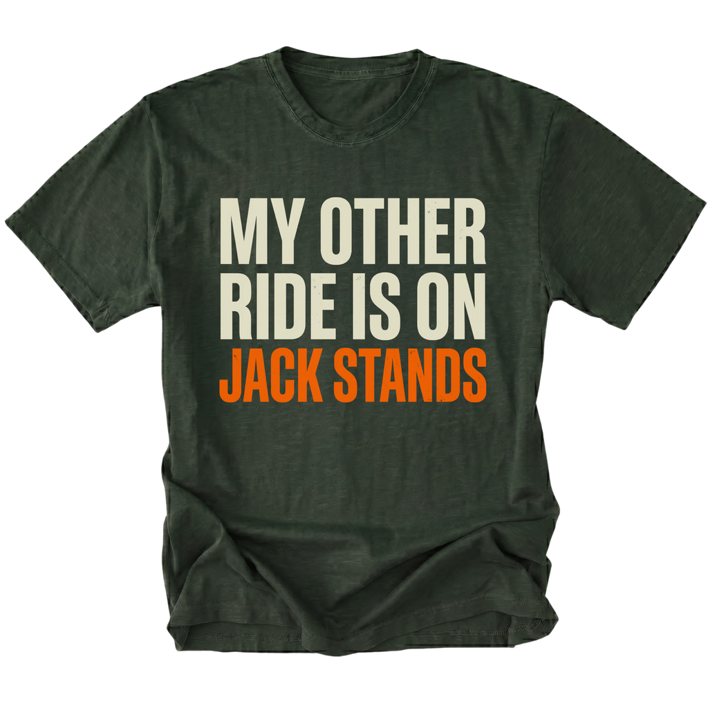 Moss t-shirt with My Other Ride Is On Jack Stands text design shown front view by Trail Snark.