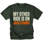 Moss t-shirt with My Other Ride Is On Jack Stands text design shown front view by Trail Snark.