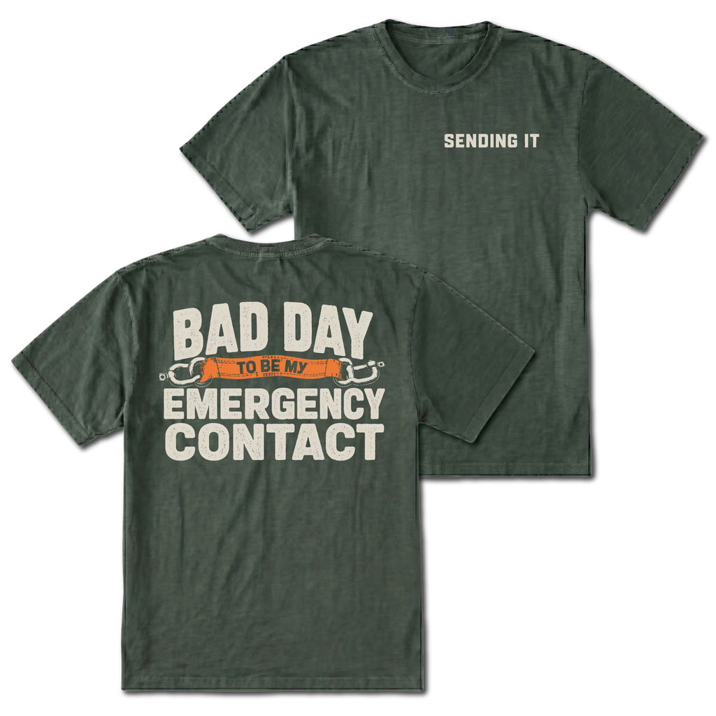 Moss t-shirt featuring the Emergency Contact design on the back and Sending It on the front by Trail Snark.