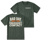 Moss t-shirt featuring the Emergency Contact design on the back and Sending It on the front by Trail Snark.