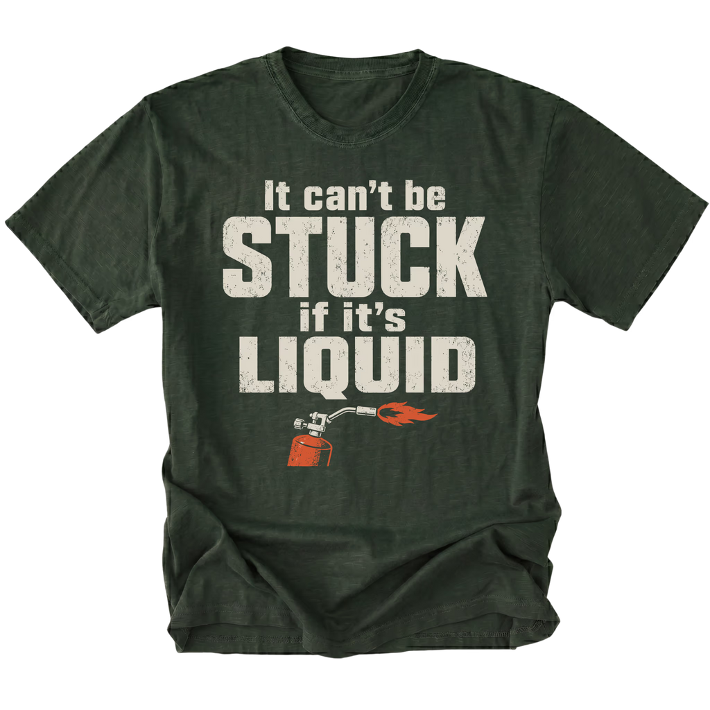 Moss t-shirt featuring the Liquid Stuck design on the front by Trail Snark.
