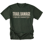 Moss T-shirt featuring the Trail Damage Builds Character design on the front by Trail Snark.