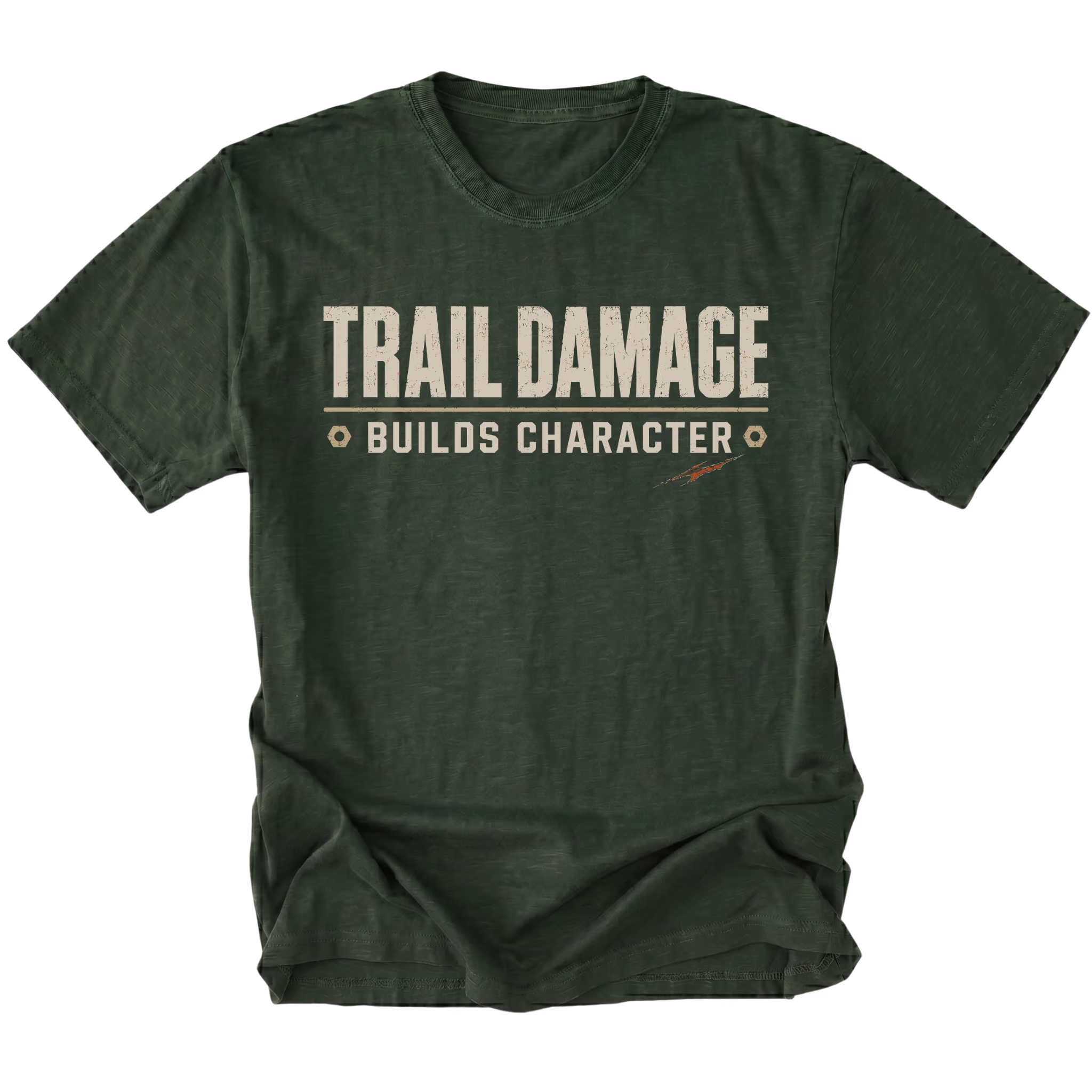 Moss T-shirt featuring the Trail Damage Builds Character design on the front by Trail Snark.