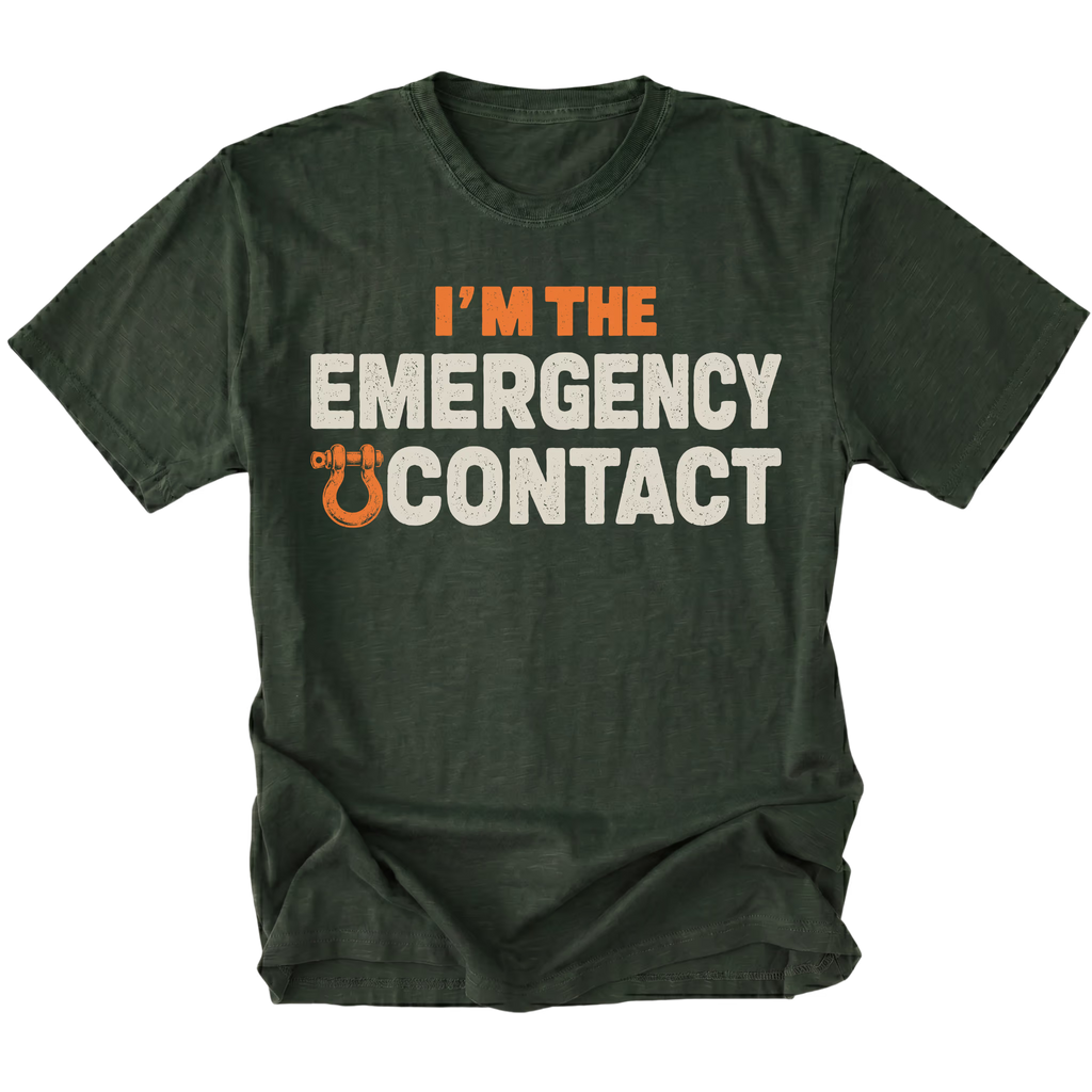 Moss T-shirt featuring the Emergency Contact design with a recovery shackle on the front by Trail Snark.