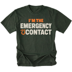 Moss T-shirt featuring the Emergency Contact design with a recovery shackle on the front by Trail Snark.