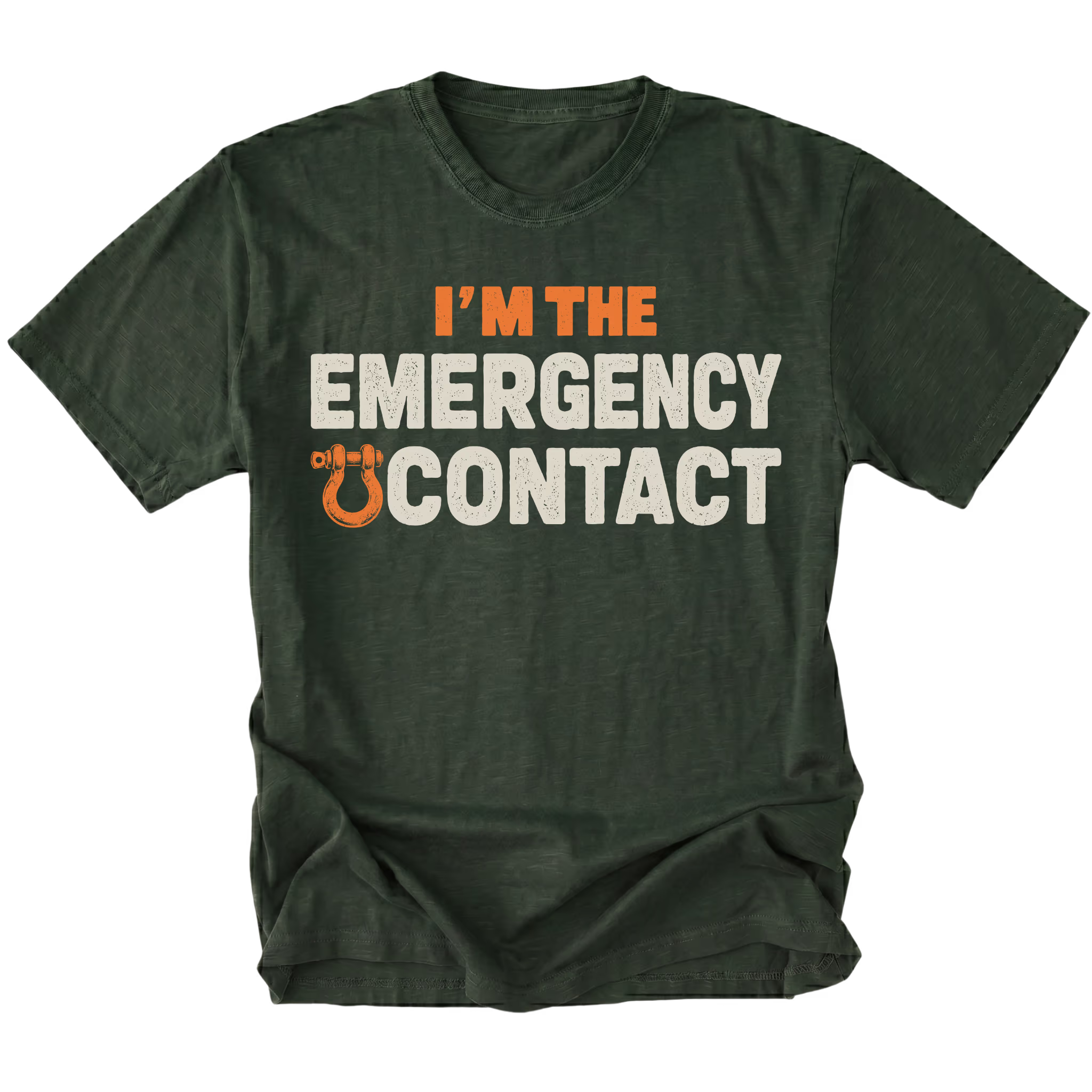 Moss T-shirt featuring the Emergency Contact design with a recovery shackle on the front by Trail Snark.