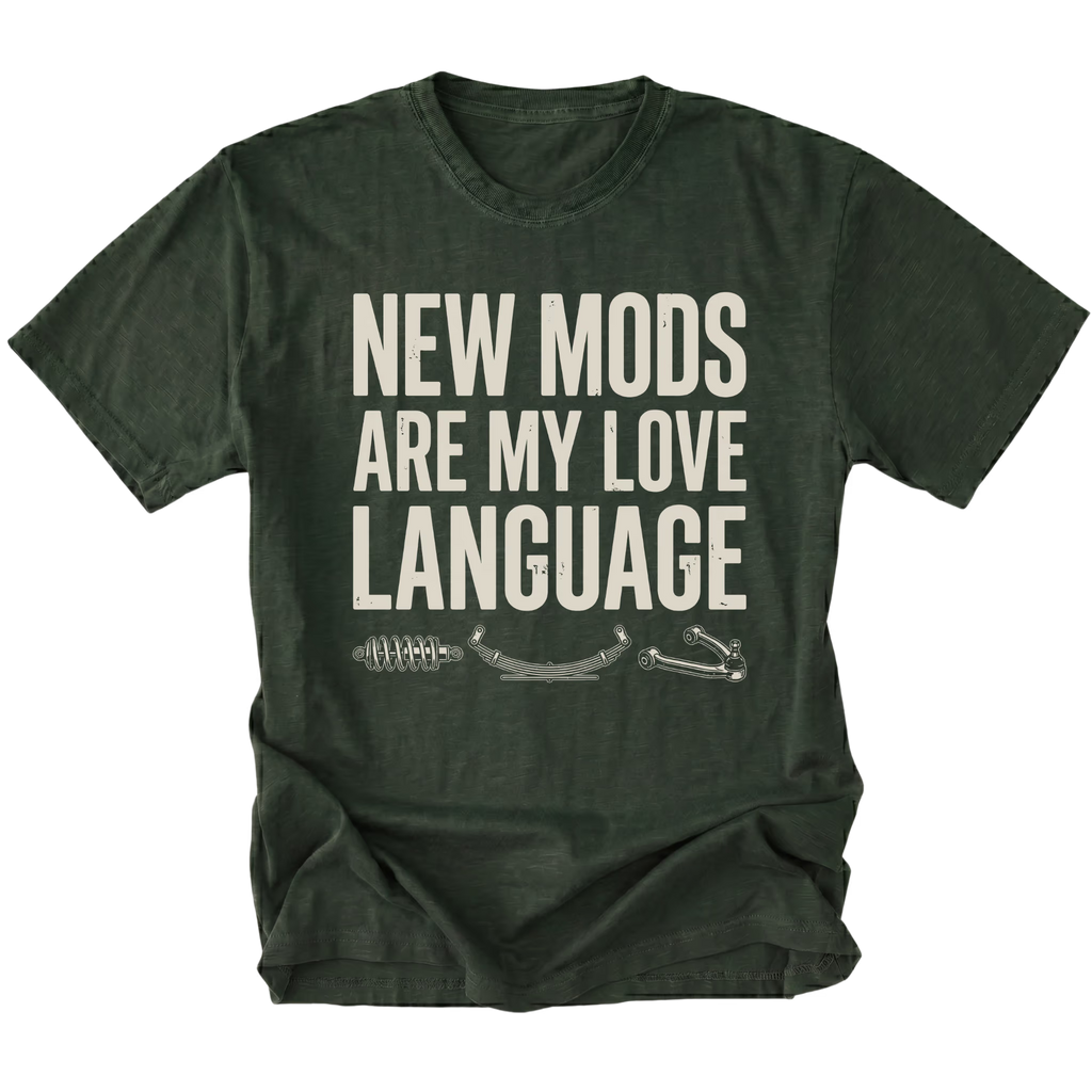 Moss t-shirt with distressed white text reading New Mods Are My Love Language and small suspension component illustrations underneath.