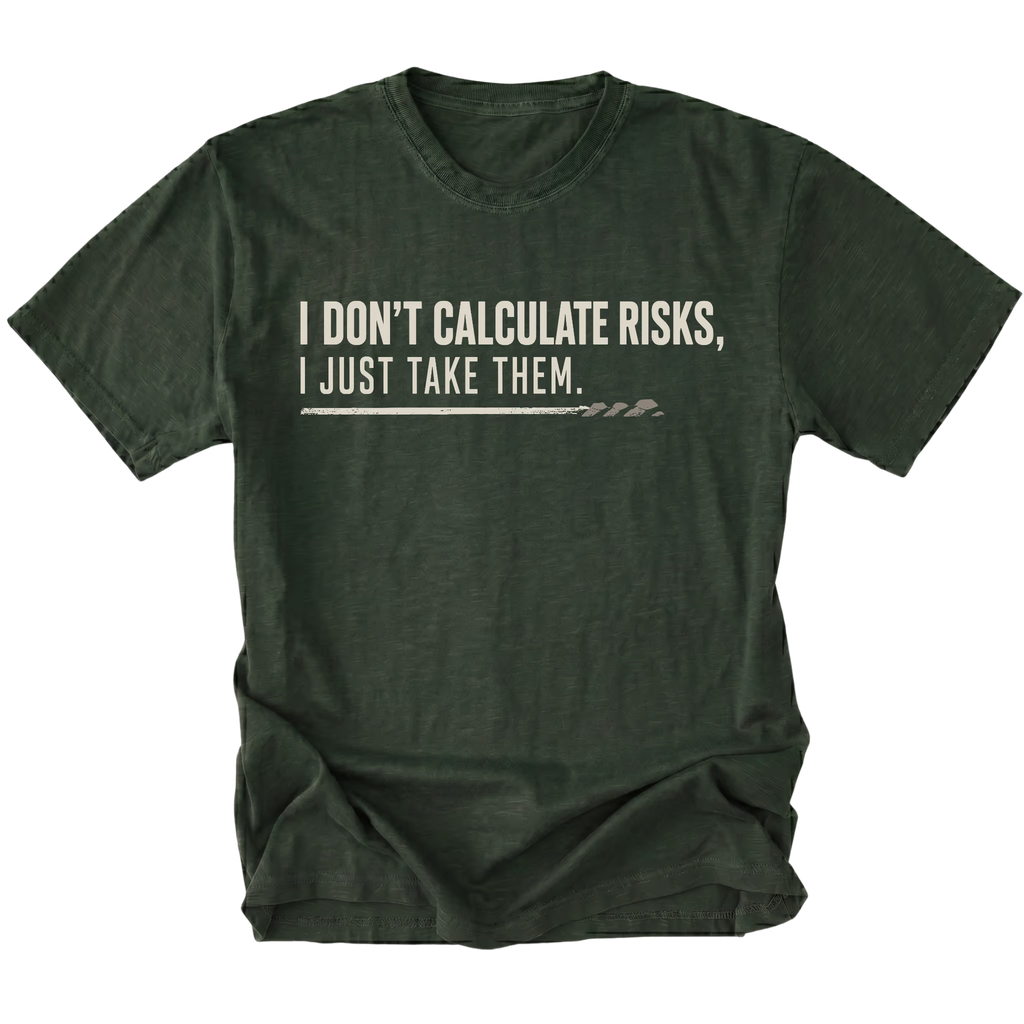 Moss T-shirt featuring the Risk Taker design on the front by Trail Snark.