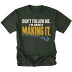 Moss T-shirt featuring the Barely Making It recovery hook design on the front by Trail Snark.