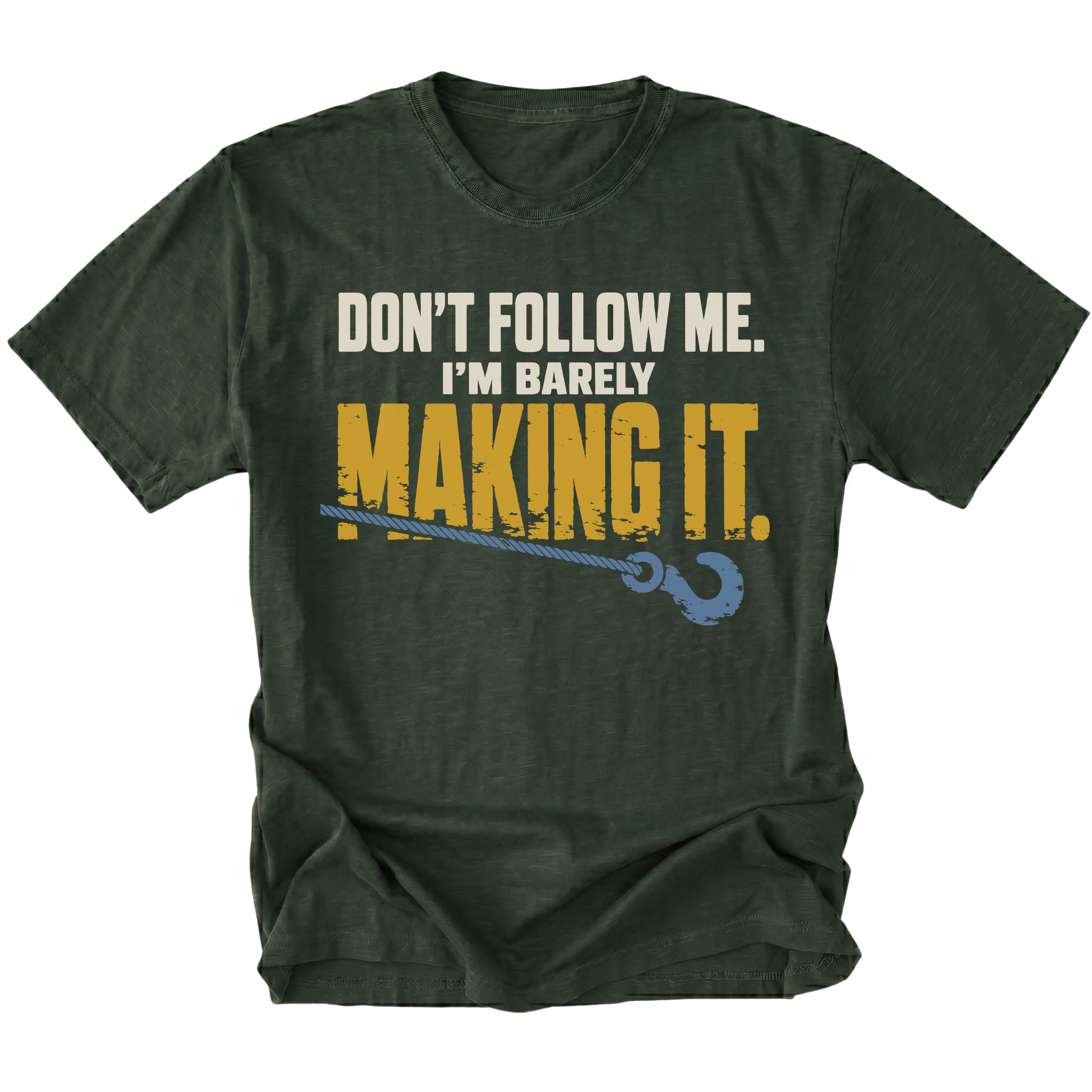 Moss T-shirt featuring the Barely Making It recovery hook design on the front by Trail Snark.