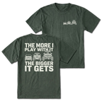 Moss T-shirt with The More I Play With It The Bigger It Gets Jeep build design shown from the back view by Trail Snark.