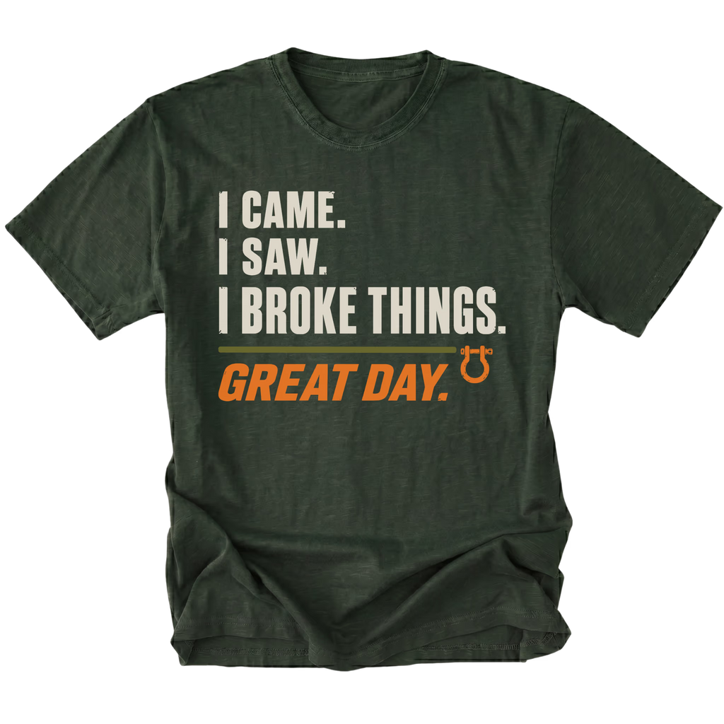 Moss T-shirt featuring the Broke Things design on the front by Trail Snark.