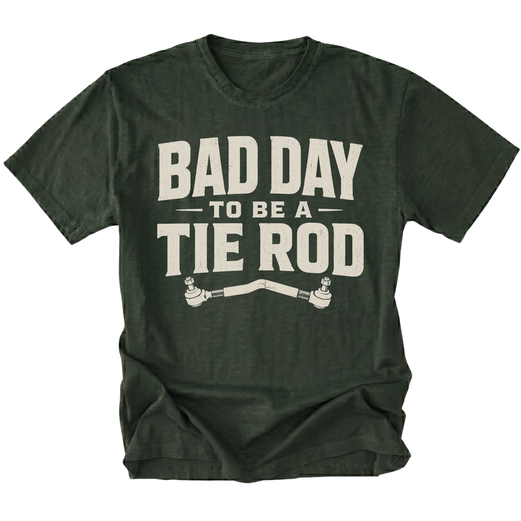 Moss T-Shirt with Bad Day To Be A Tie Rod steering failure design shown from the front by Trail Snark.
