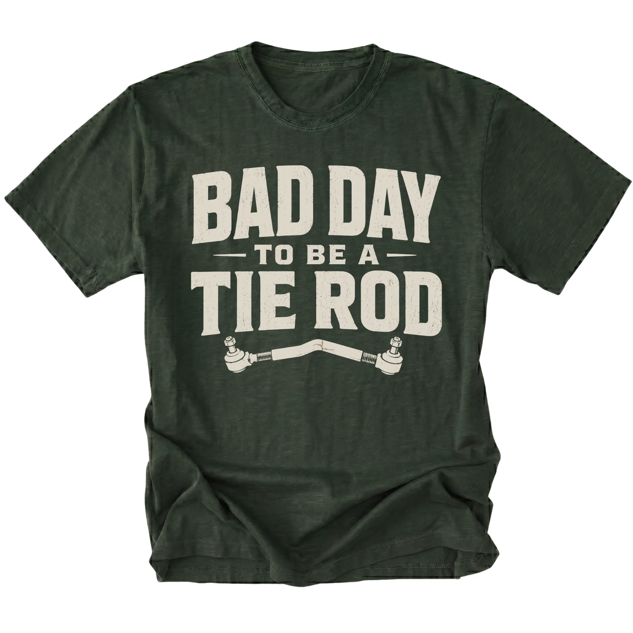 Moss T-Shirt with Bad Day To Be A Tie Rod steering failure design shown from the front by Trail Snark.