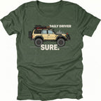Moss t-shirt featuring a built off-road vehicle with daily driver sure text graphic shown from the front by Trail Snark.