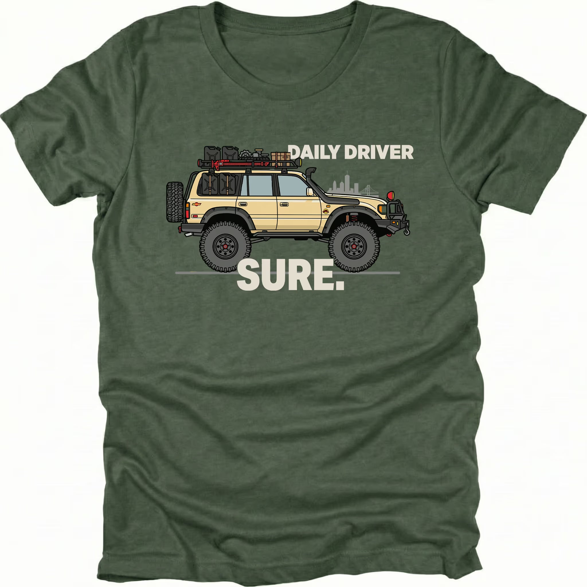 Moss t-shirt featuring a built off-road vehicle with daily driver sure text graphic shown from the front by Trail Snark.
