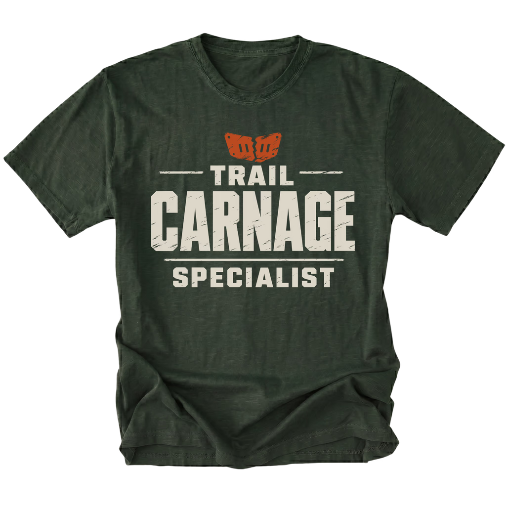 Moss T-shirt featuring the Trail Carnage Specialist design on the front by Trail Snark.