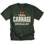 Moss T-shirt featuring the Trail Carnage Specialist design on the front by Trail Snark.
