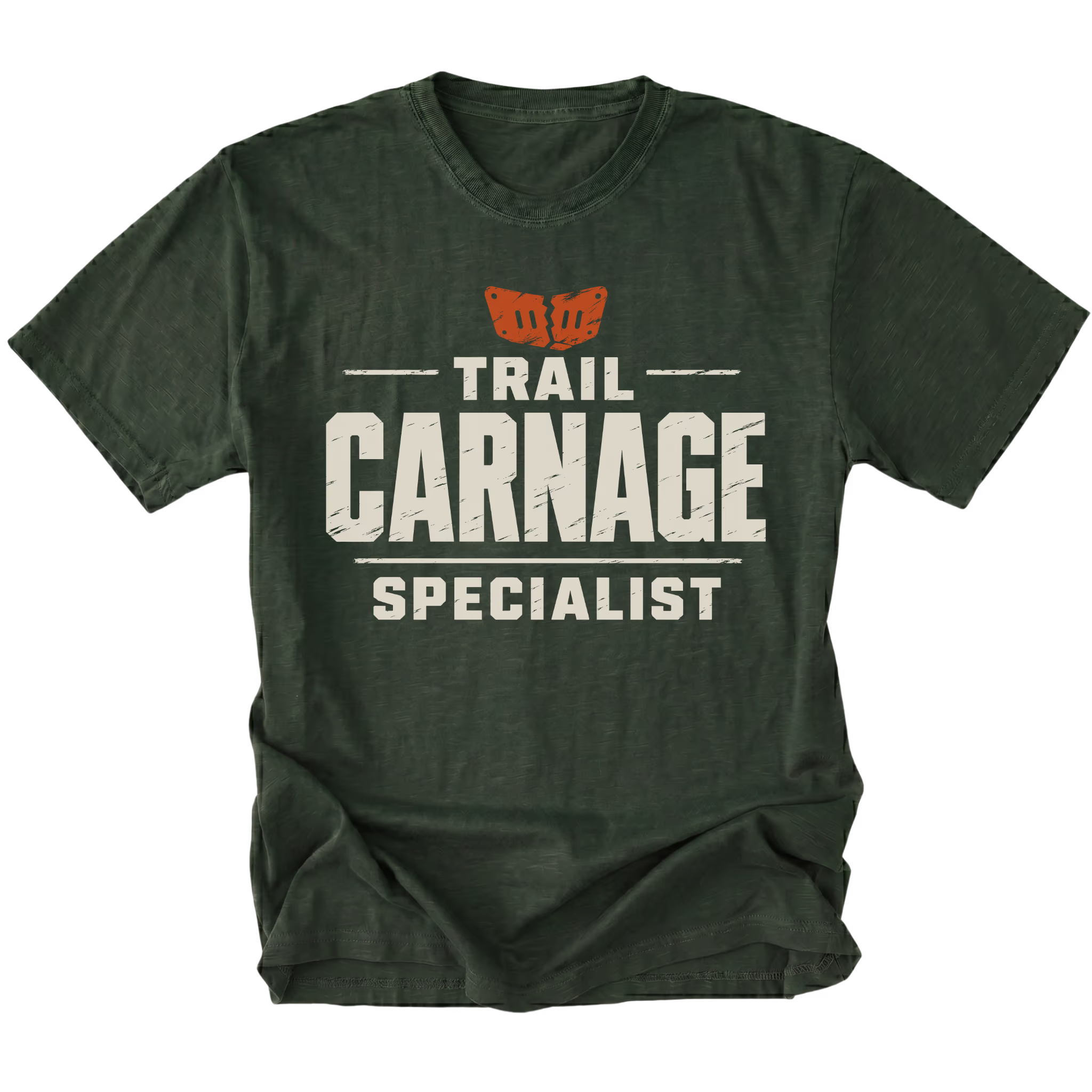 Moss T-shirt featuring the Trail Carnage Specialist design on the front by Trail Snark.