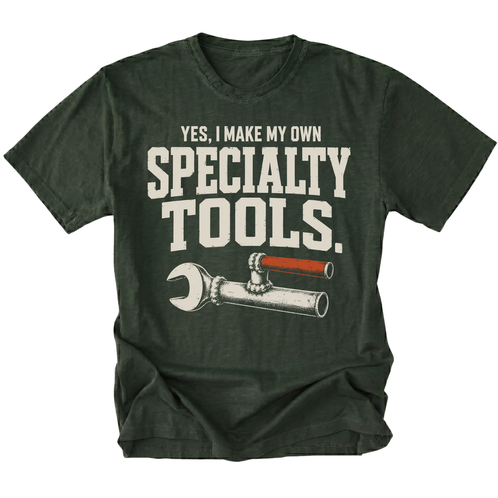 Moss T-shirt featuring the Specialty Tools design with an improvised welded wrench on the front by Trail Snark.