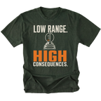 Moss T-shirt featuring the Low Range High Consequences design with a transfer case shifter on the front by Trail Snark.