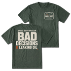 Moss T-shirt with Single Digit MPG Club front print and Bad Decisions & Leaking Oil back design shown front and back by Trail Snark.