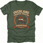 Moss T-Shirt with “Overland Financial Disaster Established in Debt” graphic shown on front view by Trail Snark.