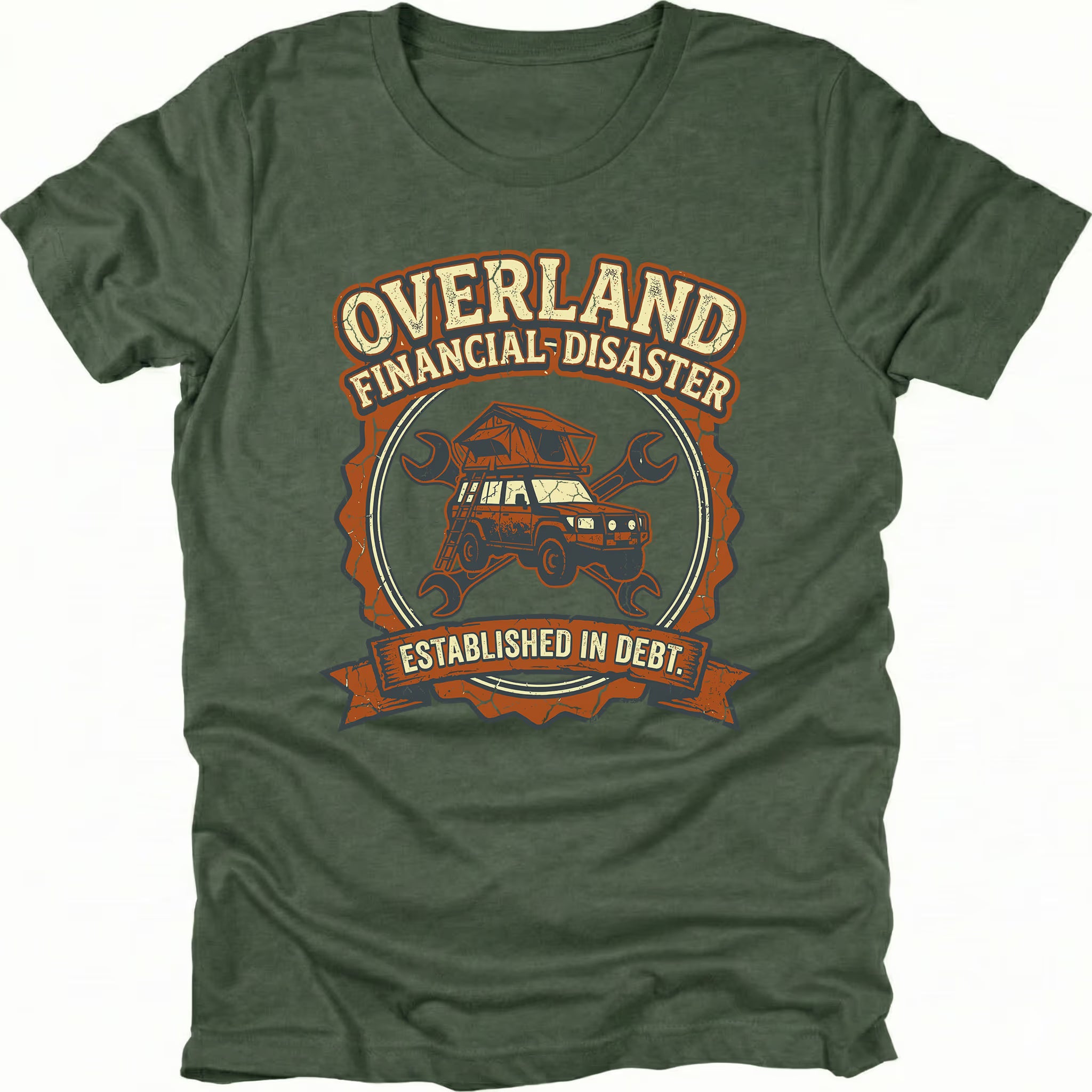 Moss T-Shirt with “Overland Financial Disaster Established in Debt” graphic shown on front view by Trail Snark.