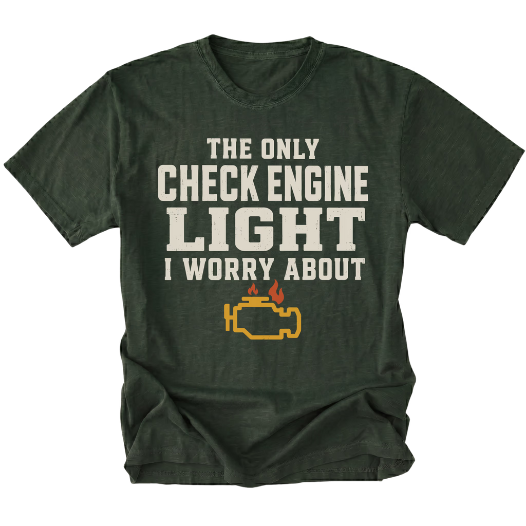 Moss t-shirt featuring the Check Engine Light design on the front by Trail Snark.