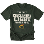 Moss t-shirt featuring the Check Engine Light design on the front by Trail Snark.