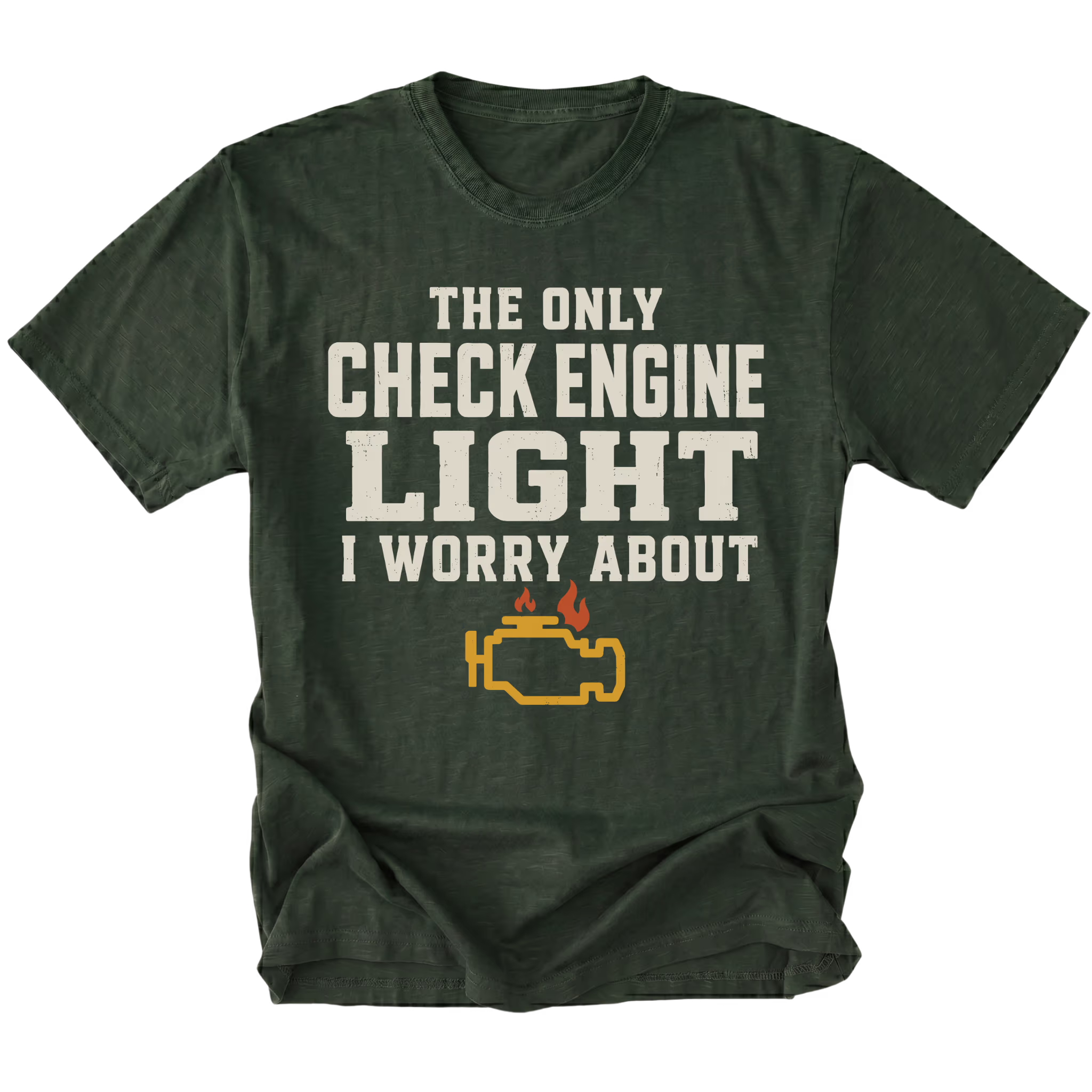 Moss t-shirt featuring the Check Engine Light design on the front by Trail Snark.