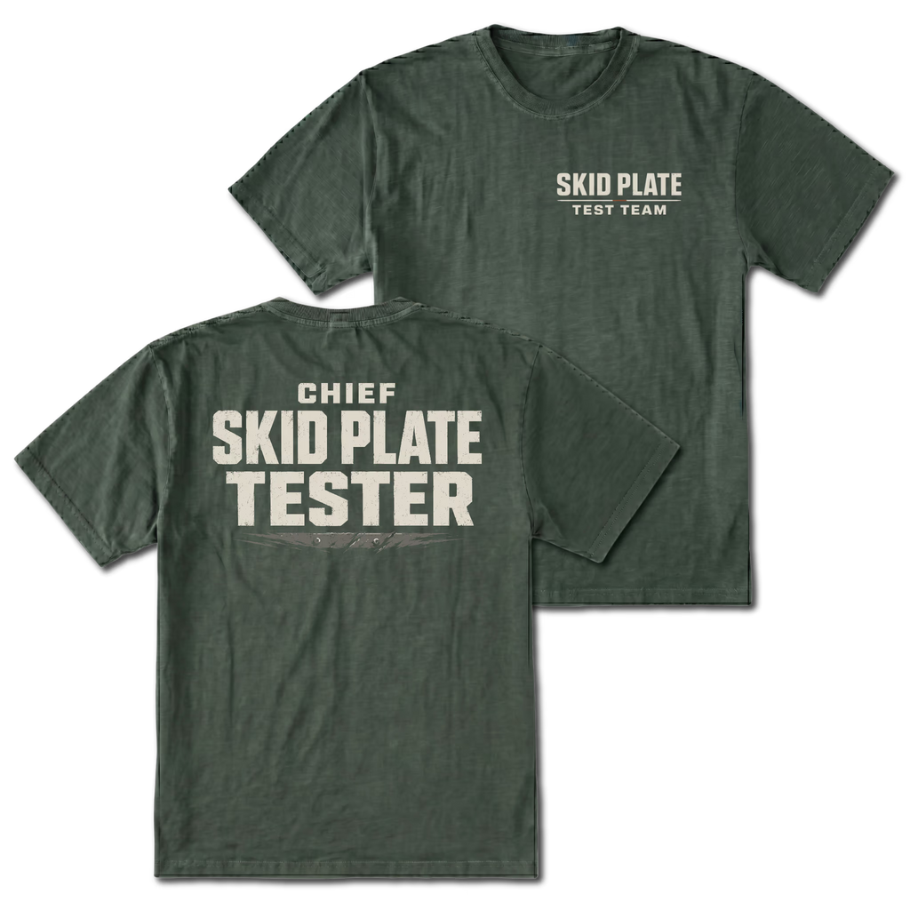 Moss T-Shirt with Skid Plate Test Team front design and Chief Skid Plate Tester back design shown by Trail Snark.