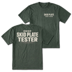 Moss T-Shirt with Skid Plate Test Team front design and Chief Skid Plate Tester back design shown by Trail Snark.