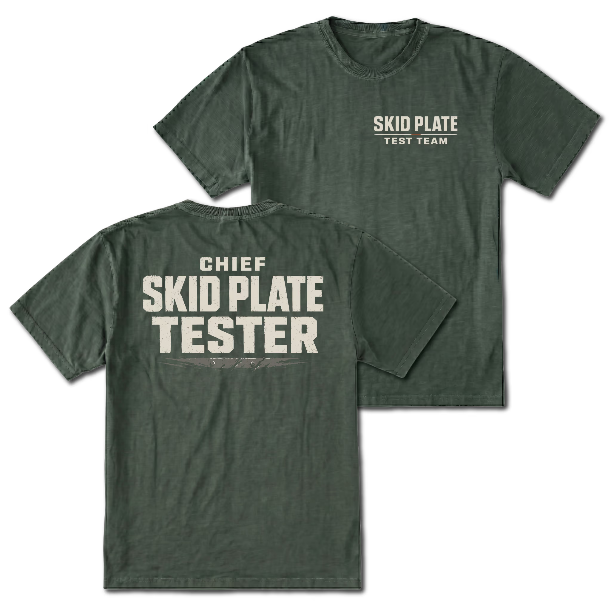 Moss T-Shirt with Skid Plate Test Team front design and Chief Skid Plate Tester back design shown by Trail Snark.