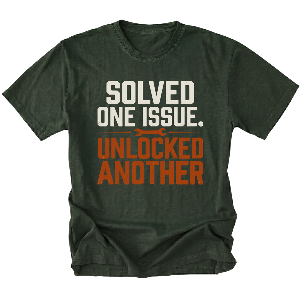 Moss T-Shirt with the Solved One Issue. Unlocked Another design shown in a front view by Trail Snark.