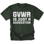 Moss t-shirt featuring distressed white text reading GVWR Is Just a Suggestion shown on the front by Trail Snark.