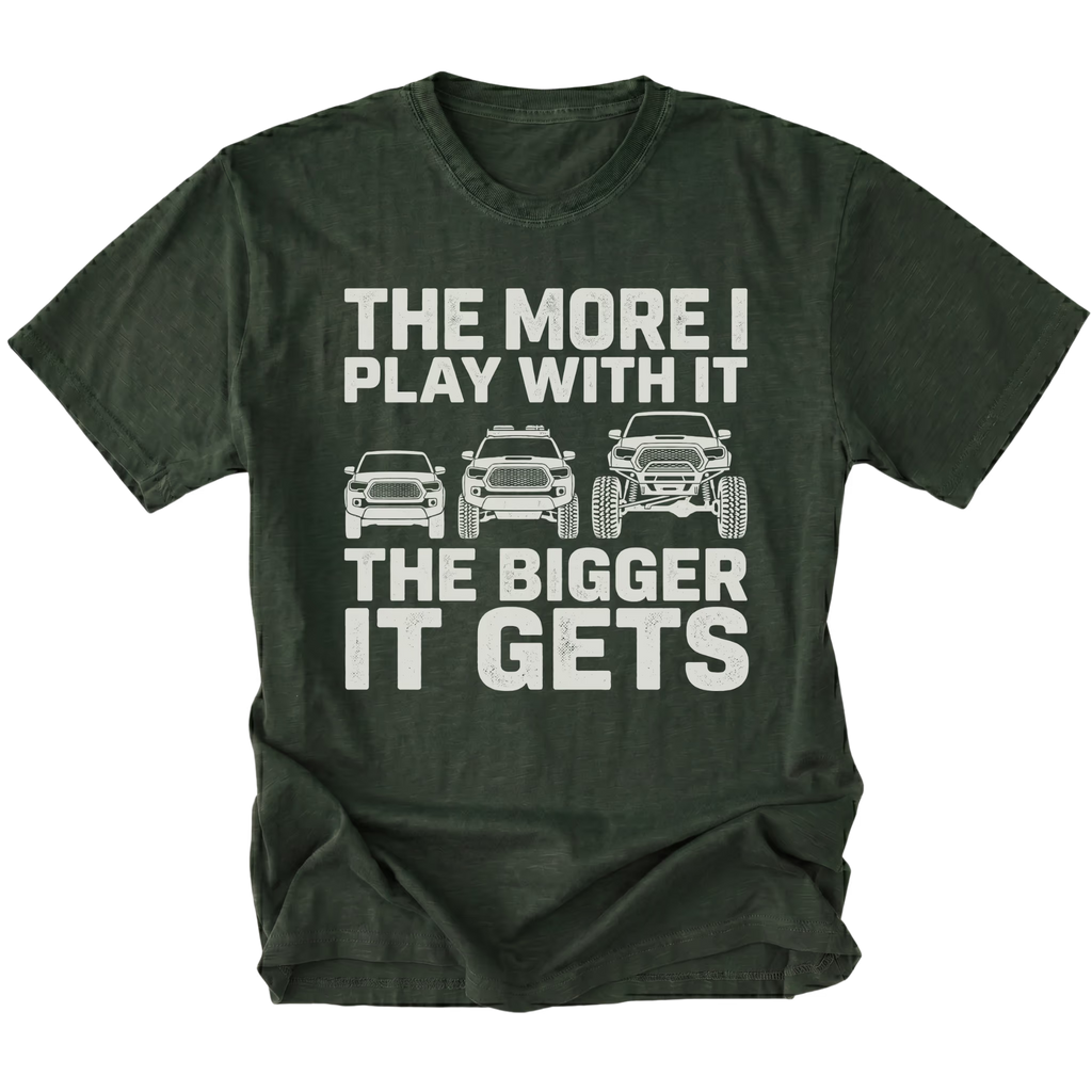 Moss T-Shirt featuring The More I Play With It The Bigger It Gets design with three progressively lifted trucks shown on the front view by Trail Snark.