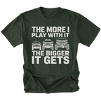 Moss T-Shirt featuring The More I Play With It The Bigger It Gets design with three progressively lifted trucks shown on the front view by Trail Snark.
