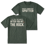 Moss t-shirt featuring the Mildly Competent Spotter design on the front and the after you hit the rock design on the back by Trail Snark.