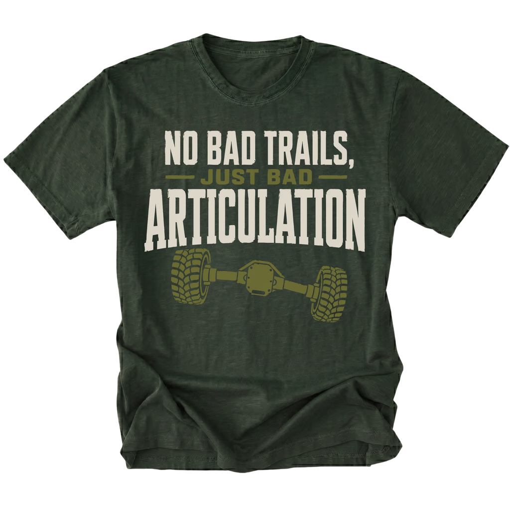 Moss T-shirt featuring the Bad Articulation axle design on the front by Trail Snark.