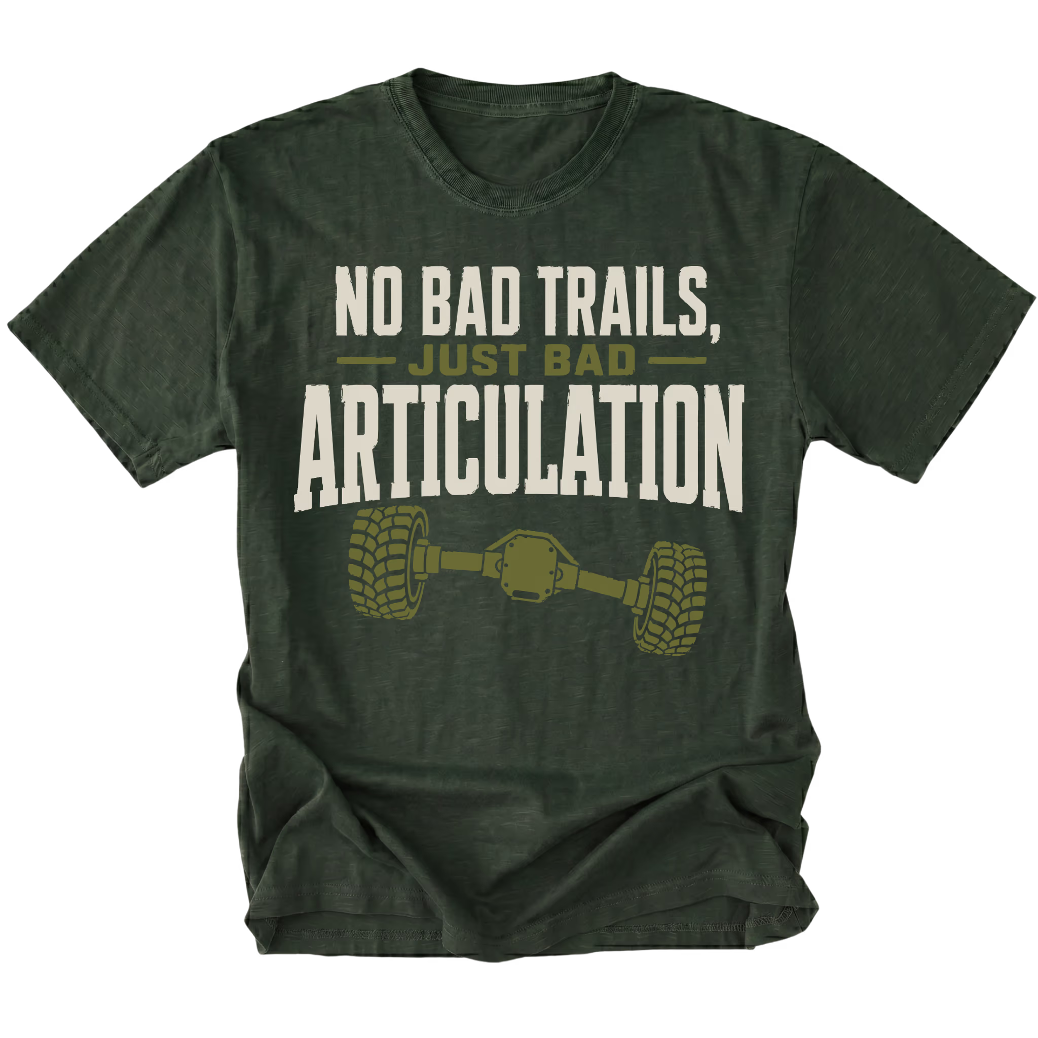 Moss T-shirt featuring the Bad Articulation axle design on the front by Trail Snark.