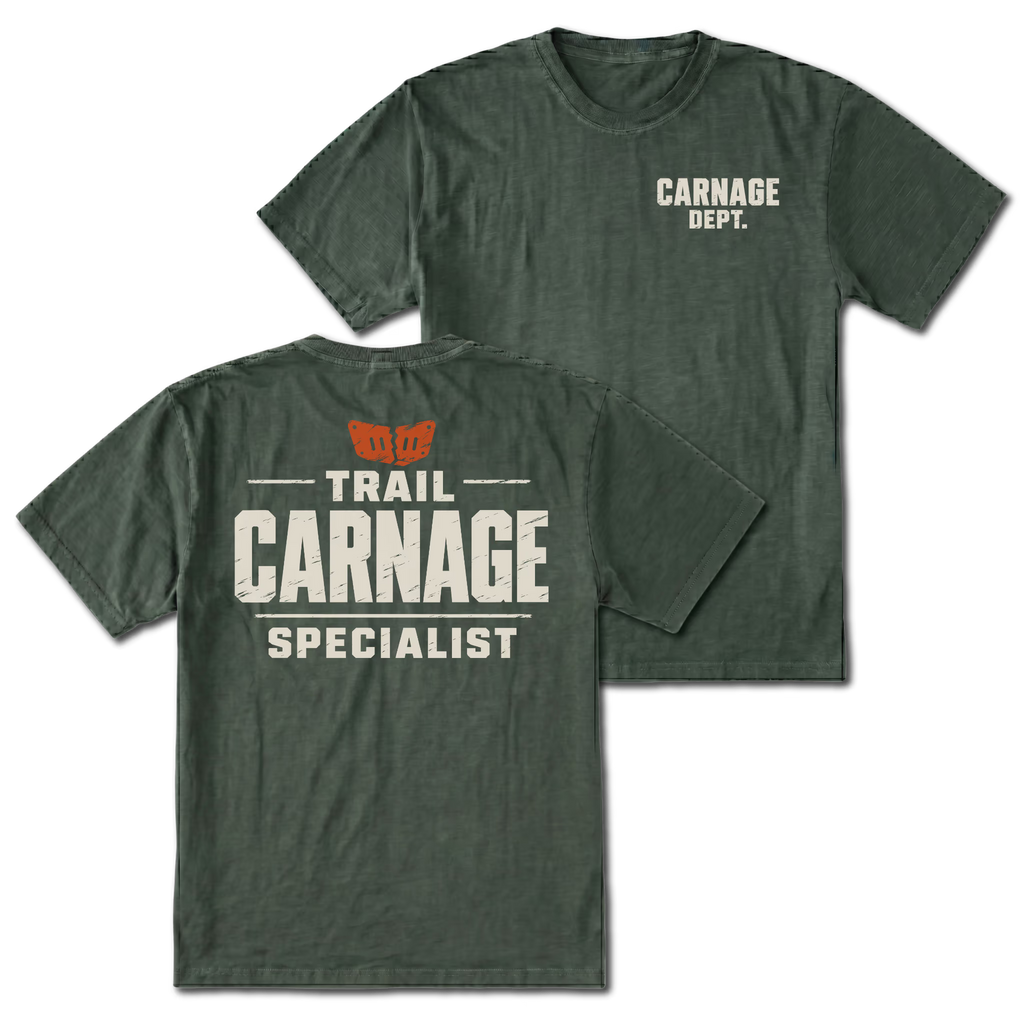 Moss T-shirt with Carnage Dept. on the front and the Trail Carnage Specialist design on the back by Trail Snark.