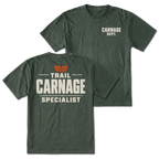 Moss T-shirt with Carnage Dept. on the front and the Trail Carnage Specialist design on the back by Trail Snark.