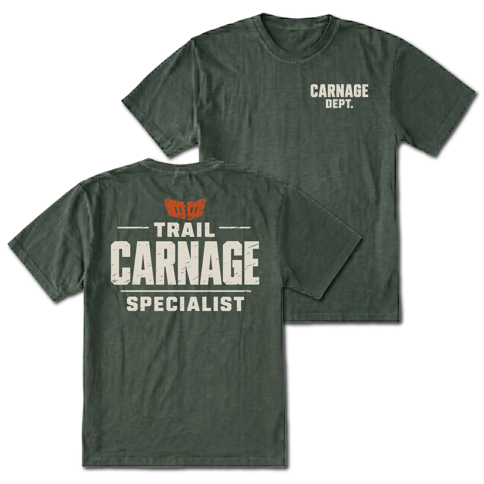 Moss T-shirt with Carnage Dept. on the front and the Trail Carnage Specialist design on the back by Trail Snark.