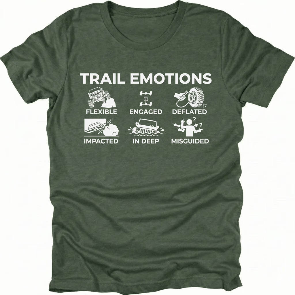 Moss t-shirt featuring “Trail Emotions” text with illustrated off-road icons labeled flexible, engaged, deflated, impacted, in deep, and misguided by Trail Snark.