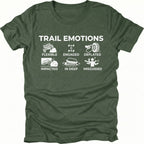 Moss t-shirt featuring “Trail Emotions” text with illustrated off-road icons labeled flexible, engaged, deflated, impacted, in deep, and misguided by Trail Snark.