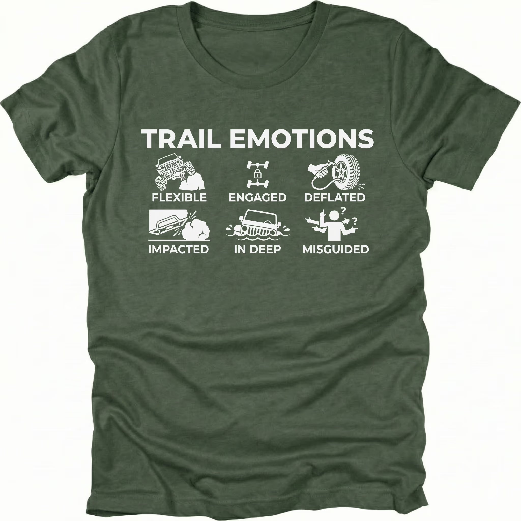 Moss t-shirt featuring “Trail Emotions” text with illustrated off-road icons labeled flexible, engaged, deflated, impacted, in deep, and misguided by Trail Snark.